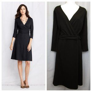 Lands End Ponte Knit Half Band Wrap Dress Black LT